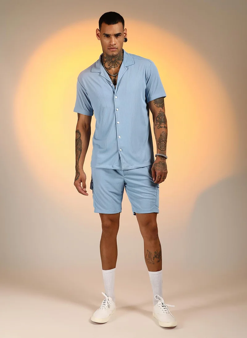 Campus Sutra Men's Baby Blue Ribbed Utility Co-Ord Set For Casual Wear | Cuban Collar | Short Sleeve | Button Closure | Co-Ords Crafted With Comfort Fit For Everyday Wear